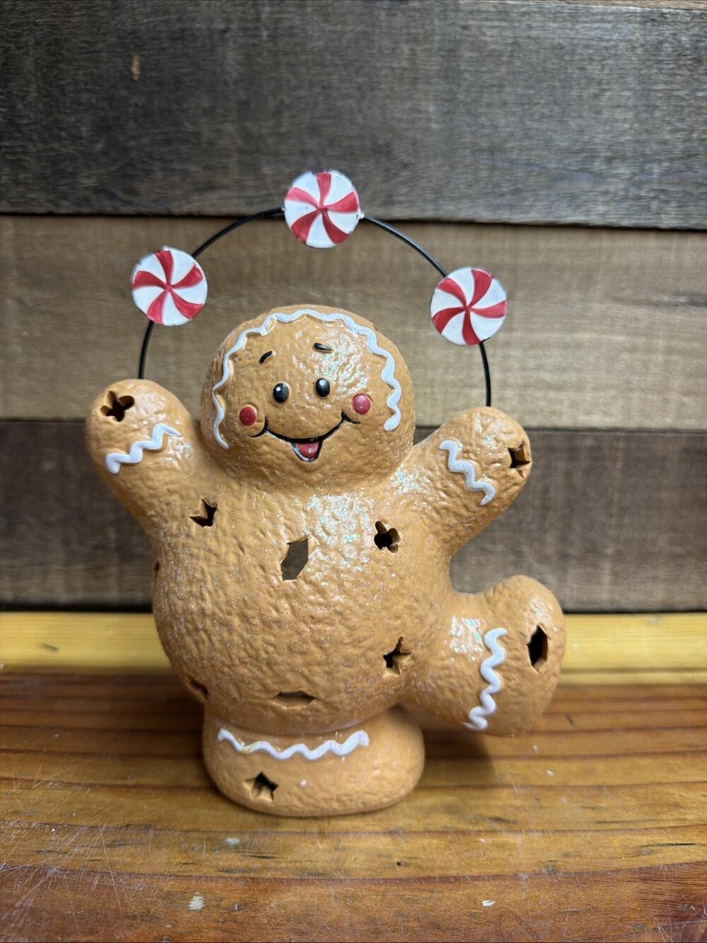 Adorable vintage gingerbread votive holder, glittery and happy peppermint candy